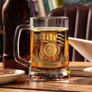 Clear beer mug with detailed gold design and customizable name area.
