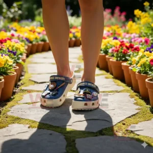 Milwaukee Brewers Crocs Crocband Clogs With Charms 7 Alt text: Person wearing Milwaukee Brewers-themed Crocs with baseball charms on a garden path.