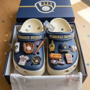 Milwaukee Brewers Crocs Crocband Clogs With Charms 8 Alt text: Milwaukee Brewers-themed Crocs with baseball charms inside a box on a wooden surface.