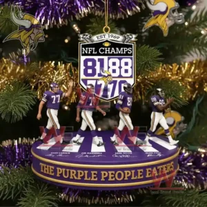 Minesota Vikings The Purple People Eaters Ornament 3 Alt text: A Purple People Eaters ornament featuring famous Minnesota Vikings players, including Gary Larsen, Jim Marshall, and Carl Eller, on a base with signatures.