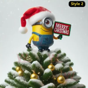 A Minion in a Santa hat standing on a snow covered Christmas tree holding a Merry Christmas sign.