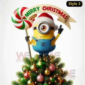 A Minion in blue overalls and Santa hat standing on a decorated Christmas tree holding a candy cane and a Merry Christmas banner.