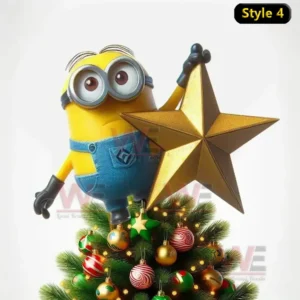 A Minion in blue overalls standing on a Christmas tree holding a golden star surrounded by colorful ornaments.