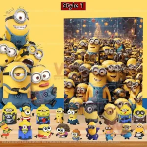 Advent calendar style one with many Minions and collectible figures on a yellow background.