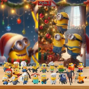 Advent calendar style three with Minions decorating a Christmas tree and collectible figures below.