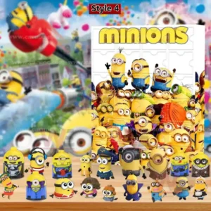 Advent calendar style four with Minions grouped together and small collectible figures in front.