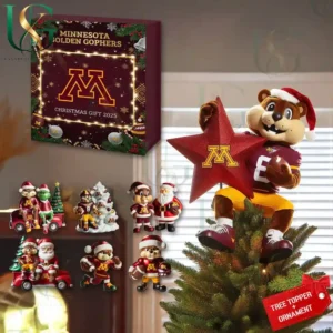 Minnesota Golden Gophers Christmas gift set 2025 including mascot tree topper and ornaments in maroon and gold theme.