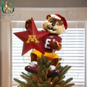 Minnesota Golden Gophers mascot plush tree topper holding red star with M logo wearing Santa hat.