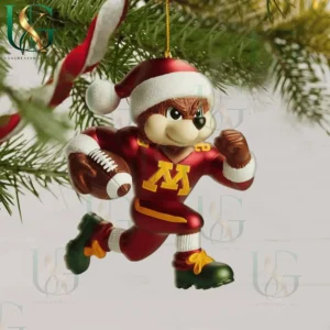 Minnesota Golden Gophers running mascot ornament with football wearing Santa hat.