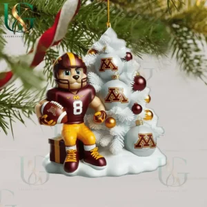 Minnesota Golden Gophers mascot ornament with white Christmas tree decorated with M logo ornaments.