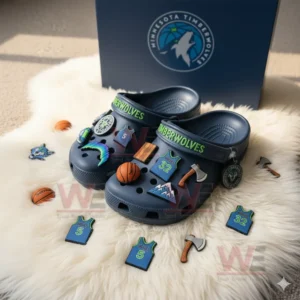 Minnesota Timberwolves-themed Crocs decorated with basketball-related charms.