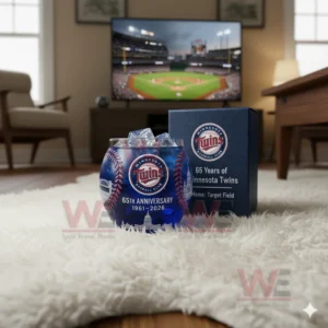 A Minnesota Twins anniversary whiskey glass with ice on a white rug in front of a television showing a baseball game.
