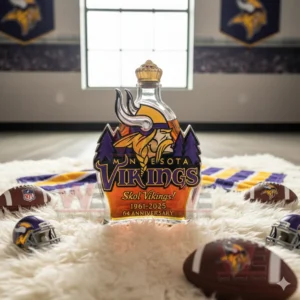 Minnesota Vikings anniversary bottle on white rug with footballs helmets and team scarf!