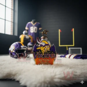 Minnesota Vikings bottle on white rug with helmet jersey and goalpost props!