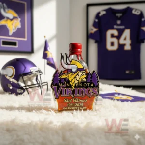 Minnesota Vikings bottle with red top on white rug with helmet flag and jersey!