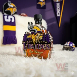 Minnesota Vikings anniversary bottle on white rug with helmets banners and football!