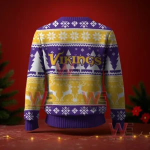 Purple and gold Vikings Christmas sweater with snowflakes trees and reindeer on a red festive background.