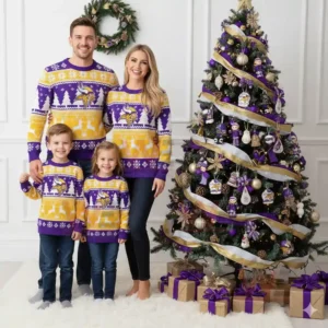 Family wearing Minnesota Vikings Christmas sweaters posing by a decorated tree with presents and festive lights.