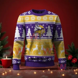 Purple and gold Minnesota Vikings Christmas sweater with logo trees snowflakes and reindeer design on a red background.