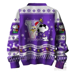 Minnesota Vikings Premium NFL Peanuts Snoopy Ugly Sweater 5 Alt text: Close-up of a purple Minnesota Vikings Christmas sweater featuring Snoopy with sunglasses and snowflakes.