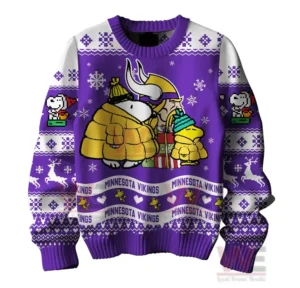 Minnesota Vikings Premium NFL Peanuts Snoopy Ugly Sweater 6 Alt text: Close-up of a purple Minnesota Vikings Christmas sweater with Snoopy and Woodstock in winter coats and Vikings logo.