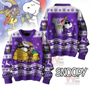 Minnesota Vikings Premium NFL Peanuts Snoopy Ugly Sweater 7 Alt text: Front and back views of a purple Minnesota Vikings Christmas sweater with Snoopy and Woodstock in winter coats and Minnesota Vikings logo.