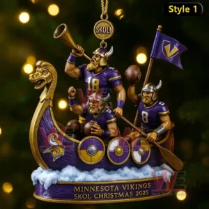 A Minnesota Vikings themed Christmas ornament with Viking players on a dragon ship labeled Skol Christmas 2025.