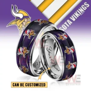 Two polished rings with vikings symbols in festive hats shown in front of a large team logo background!