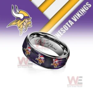 Minnesota Vikings x Christmas Silver Tungsten Rings 8 A purple ring decorated with vikings icons shown in front of a bold team emblem background!