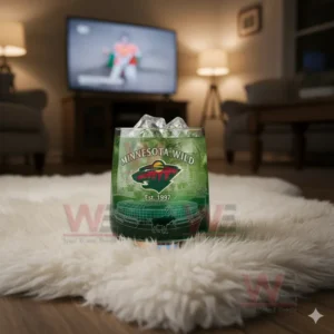 Green Minnesota Wild drink glass on a white rug in a living room with a television in the background!