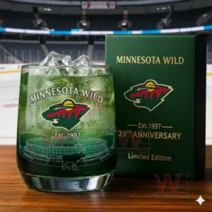 Minnesota Wild drink glass and anniversary box displayed in an ice arena setting!