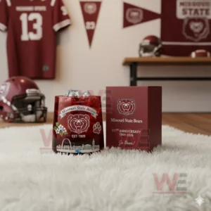 Missouri State Bears anniversary glass with ice on a white rug in a sports decorated room!