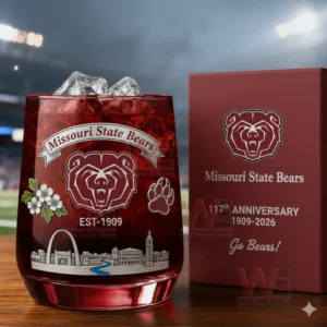 Missouri State Bears anniversary glass with ice next to a themed box against a lit stadium backdrop!