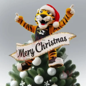 Tiger mascot in Santa hat holding Merry Christmas banner standing on top of decorated Christmas tree!