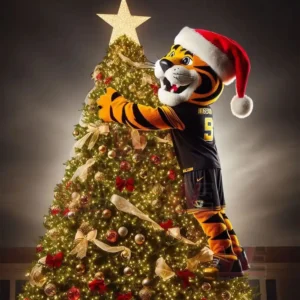 Tiger mascot in Santa hat hugging large Christmas tree decorated with gold lights and red bows!