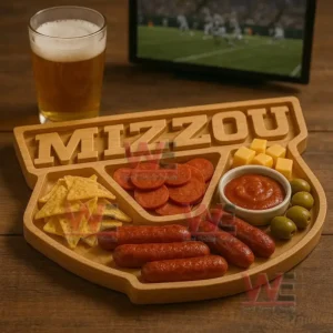 A wooden tray with a team style design filled with snacks sits on a wooden table next to a glass of beer with a sports screen in the background!