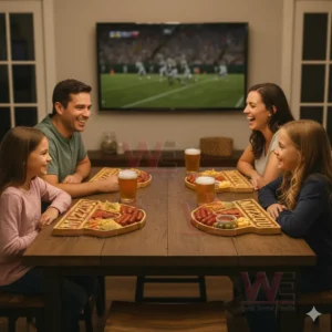 Missouri Tigers Heritage Platter Board 3 A family enjoys assorted snacks on wooden trays with a team style design while watching a sports game on a screen!