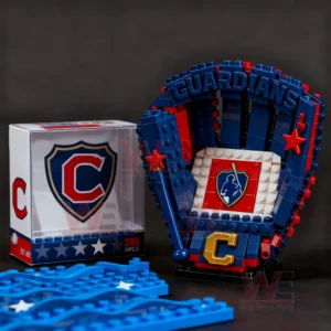 Blue red and white brick baseball glove with Guardians lettering and a shield emblem displayed with its packaging.