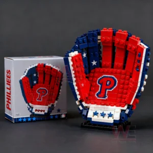 Red blue and white brick baseball glove with a P emblem shown next to its box.