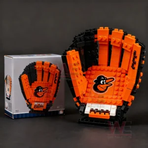 Orange black and white brick baseball glove with a cartoon bird emblem placed next to its packaging.
