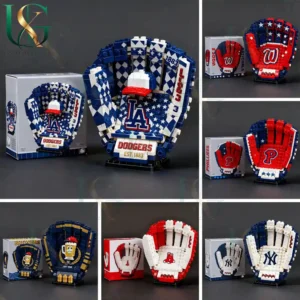 MLB team baseball glove building brick sets featuring Dodgers Nationals Phillies Brewers Red Sox and Yankees designs.