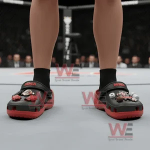 Black and red MMA themed clogs worn by a person inside a fighting arena!