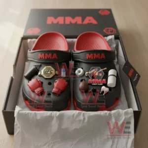 Black and red MMA themed clogs displayed inside a gift box!