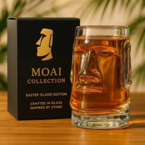 Moai statue inspired glass with amber drink beside black collection box on wooden table.