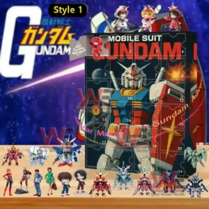 An image of a Mobile Suit Gundam Style 1 advent calendar showing RX78 Gundam and several classic model figures placed in front of the decorated box!