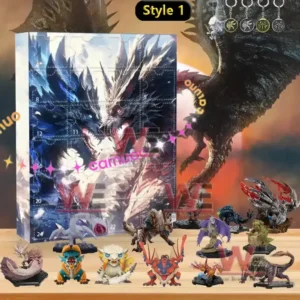 An image of a Monster Hunter Style 1 advent calendar set featuring dragons and collectible monster figures placed in front of the decorated box!