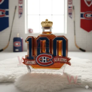 A one hundred seasons Montreal Canadiens bottle with a crown cap sits on a white rug in a hockey themed room!