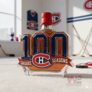 A Montreal Canadiens one hundred seasons bottle with a red cap sits on a white rug surrounded by hockey decor!