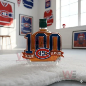 A green capped Montreal Canadiens one hundred seasons bottle sits on a white rug with jerseys in the background!