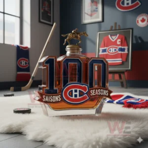 A horse rider capped Montreal Canadiens one hundred seasons bottle sits on a white rug in a hockey themed room!